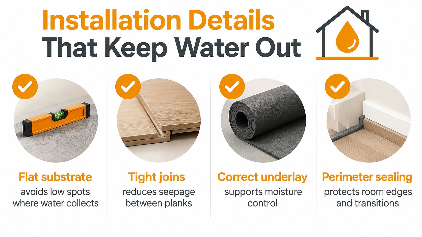 An infographic detailing four essential installation steps to ensure hybrid flooring remains waterproof and protected.