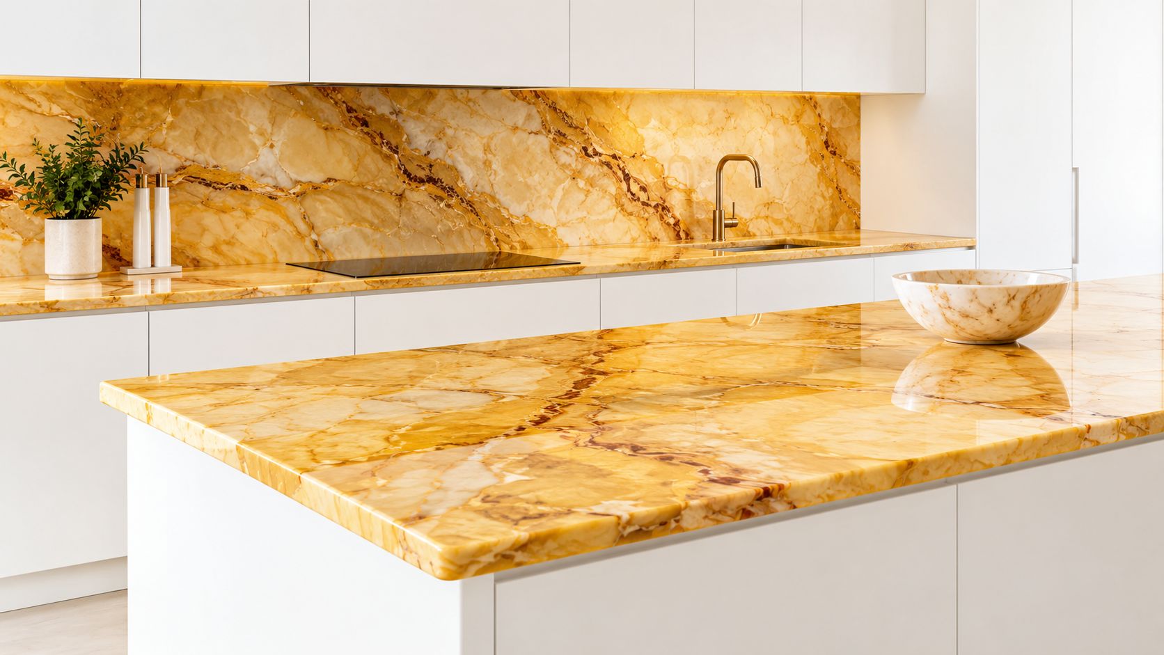 A modern kitchen with a luxurious golden yellow marble island countertop and matching backsplash with white cabinets.