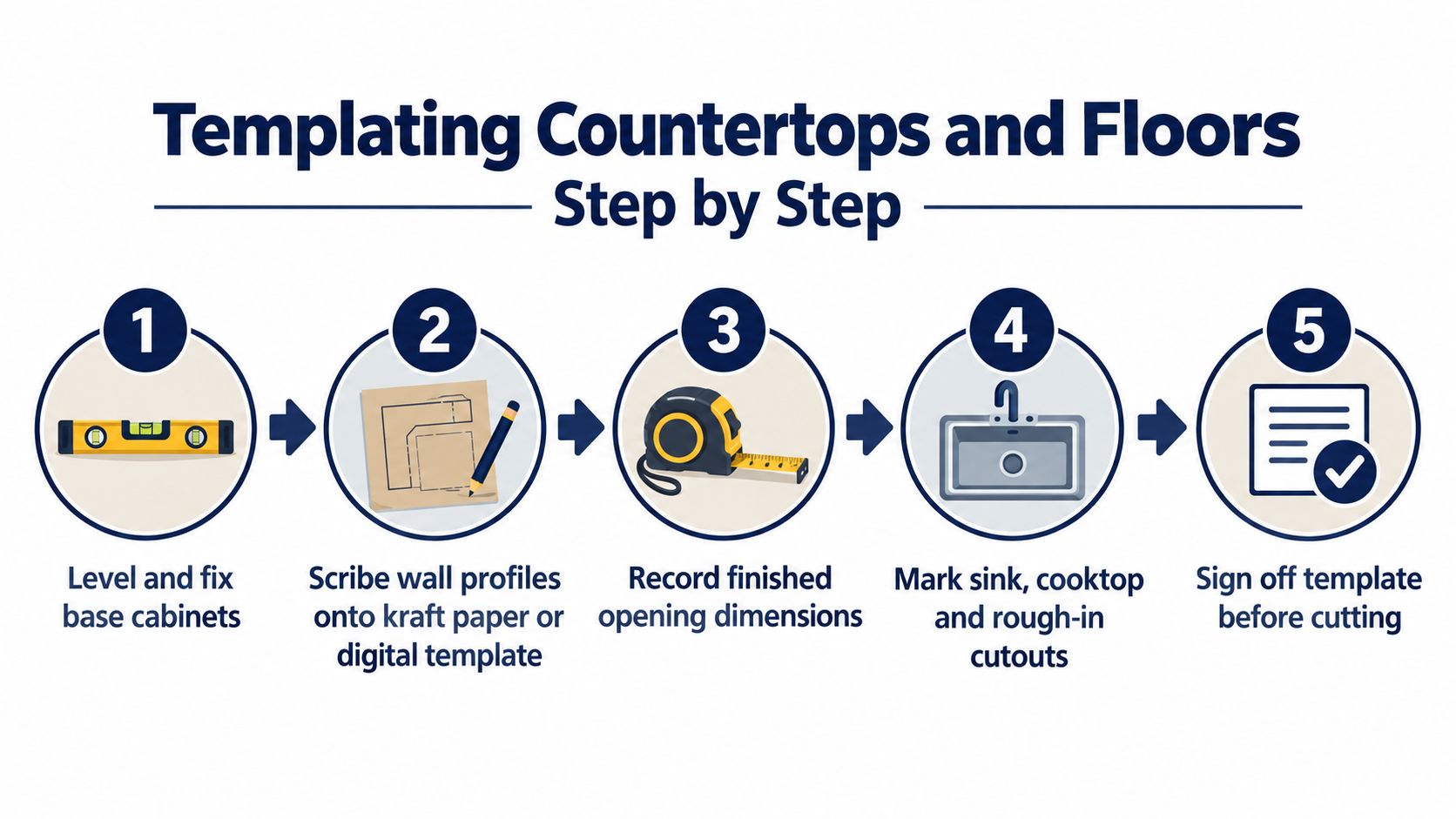A step-by-step infographic illustrating the professional process for templating countertops and flooring installations.