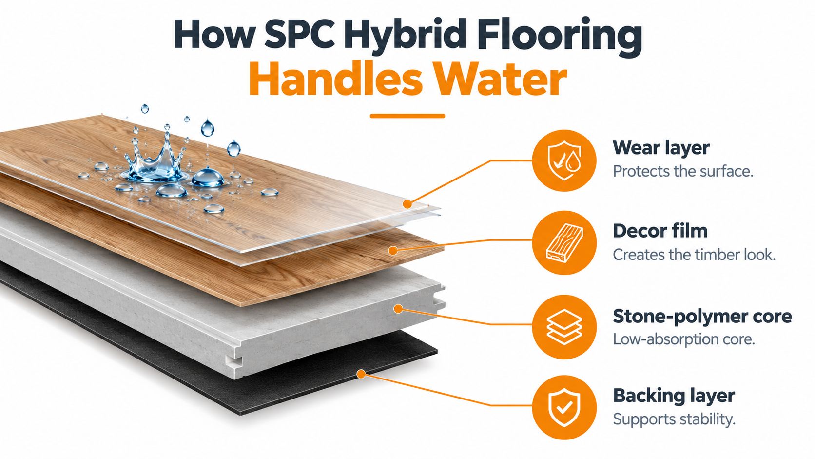 A diagram illustrating the four distinct layers of SPC hybrid flooring that contribute to its waterproof properties.