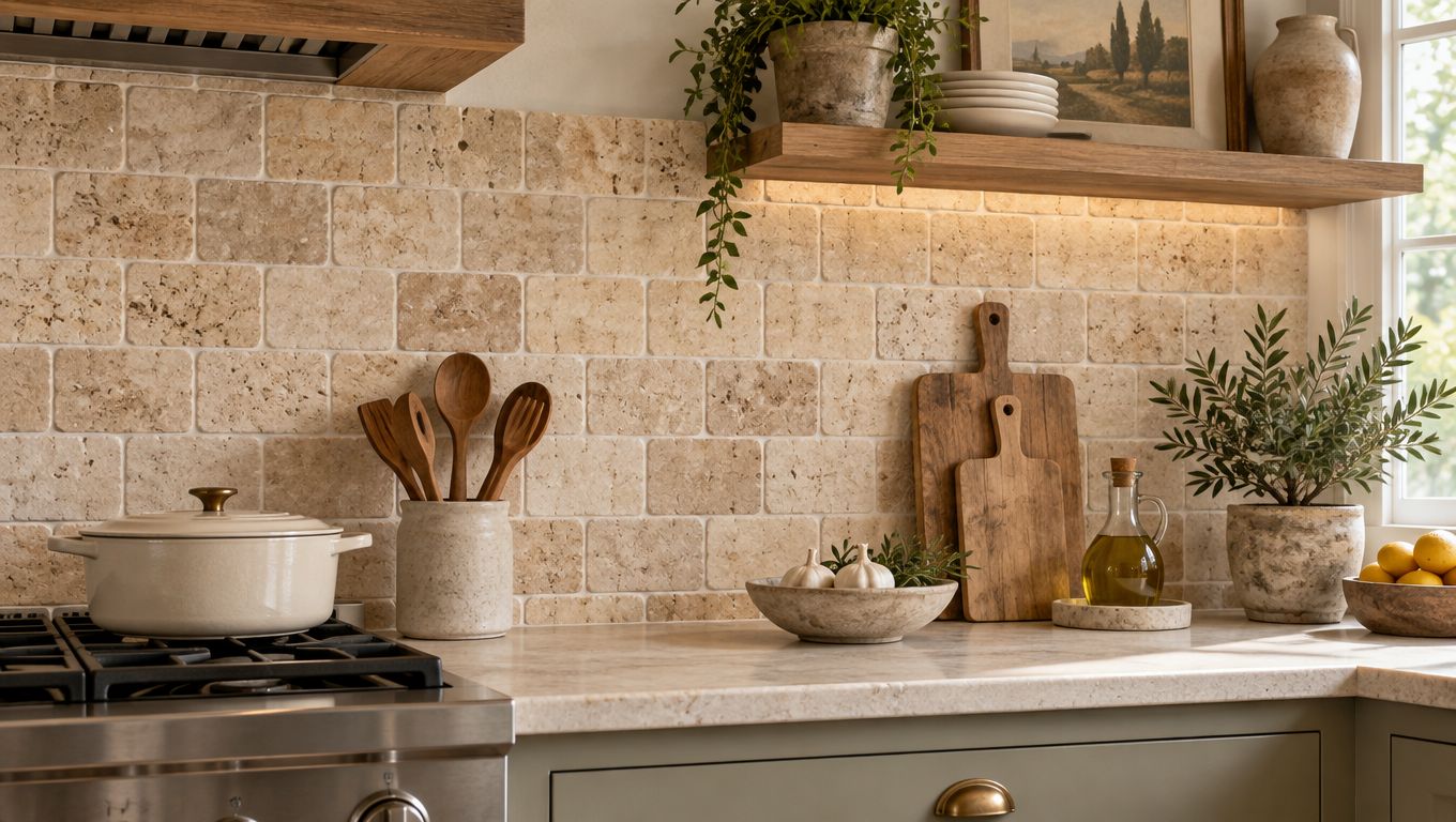 A warm, rustic kitchen featuring a natural travertine stone tile backsplash and wooden shelving with decor.