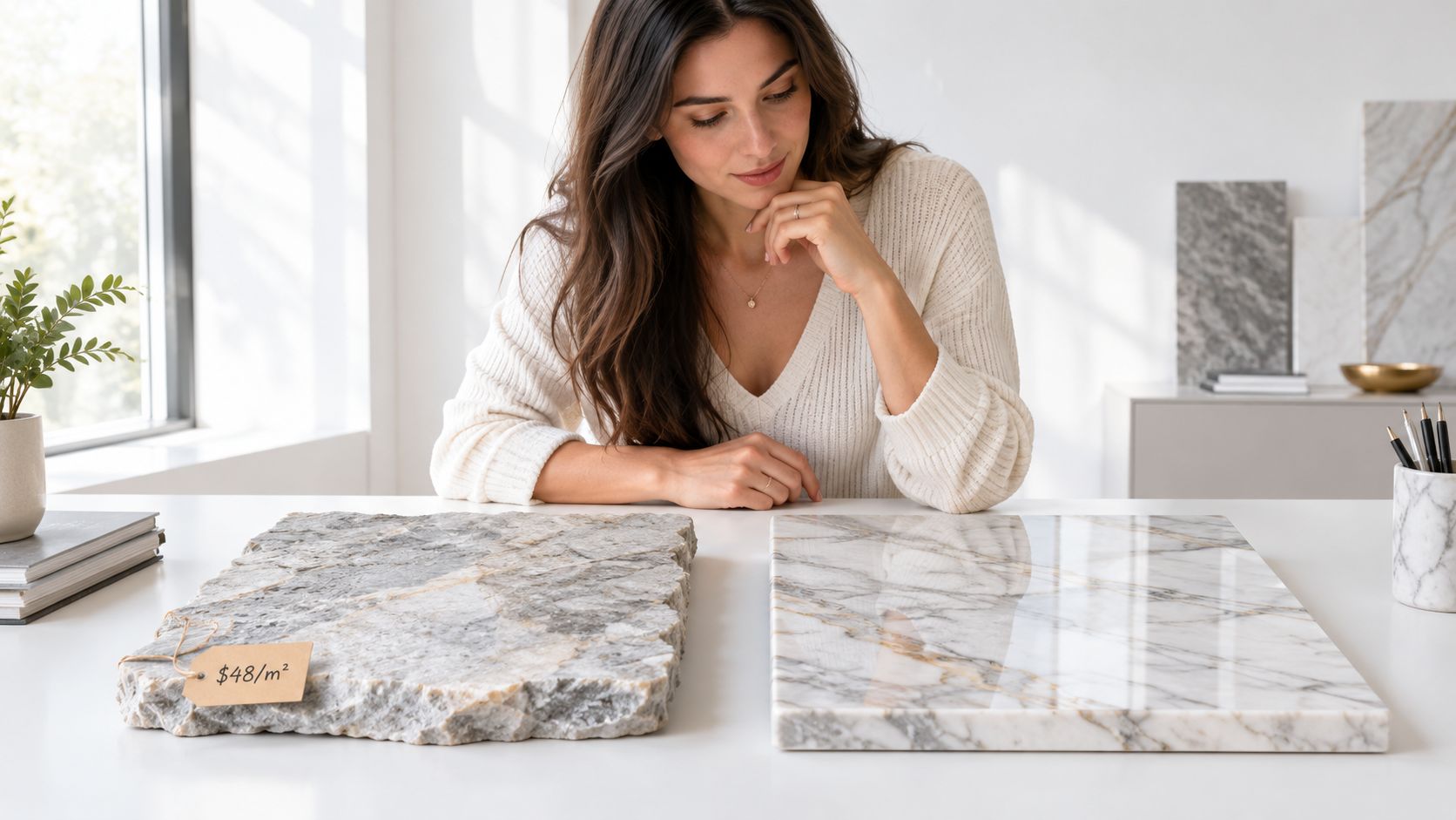 A woman looks at two stone slabs, one rough and one polished, on a white display table.