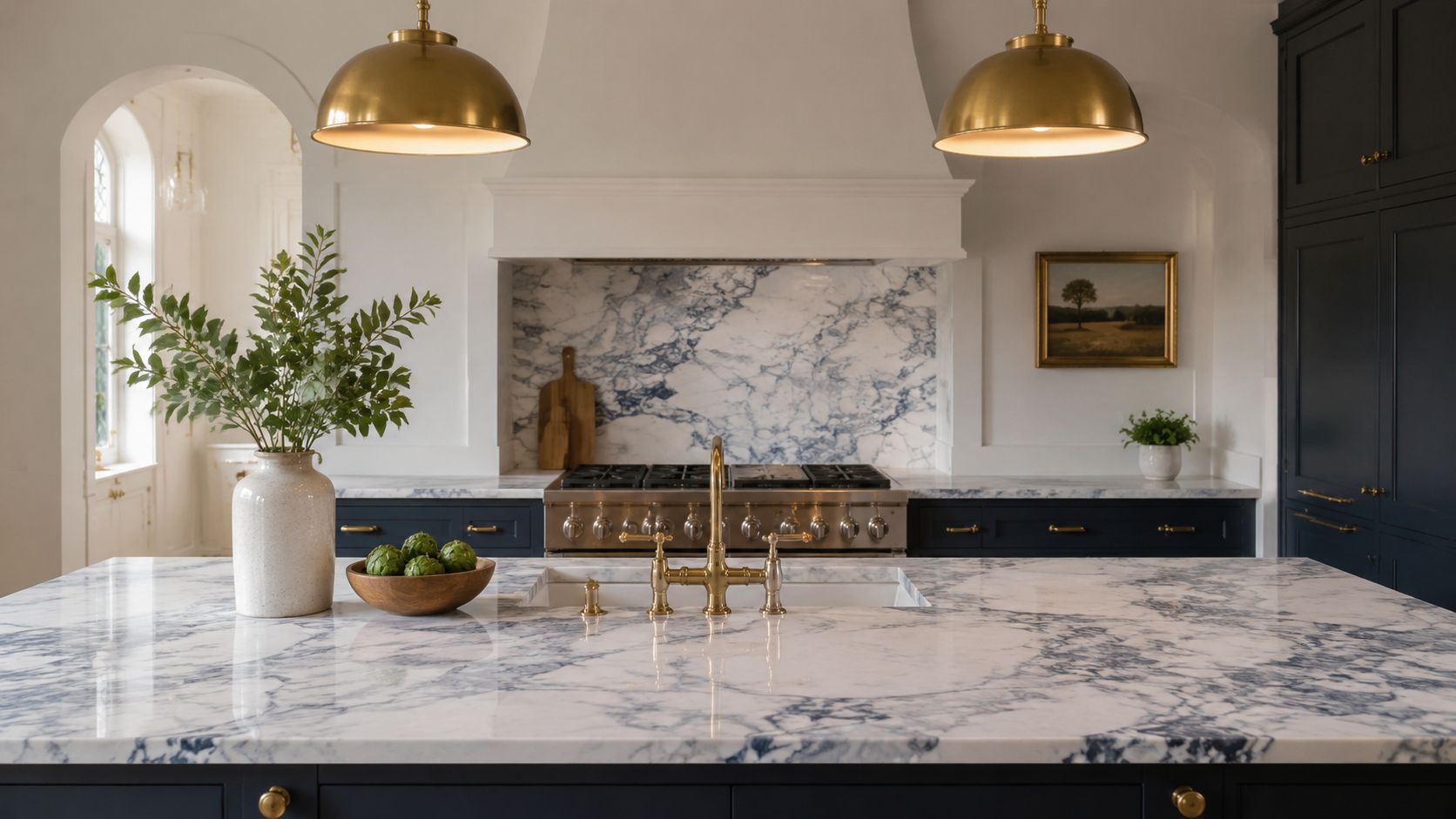 A luxurious kitchen featuring blue and white marble countertops, a farmhouse sink, and elegant brass light fixtures.