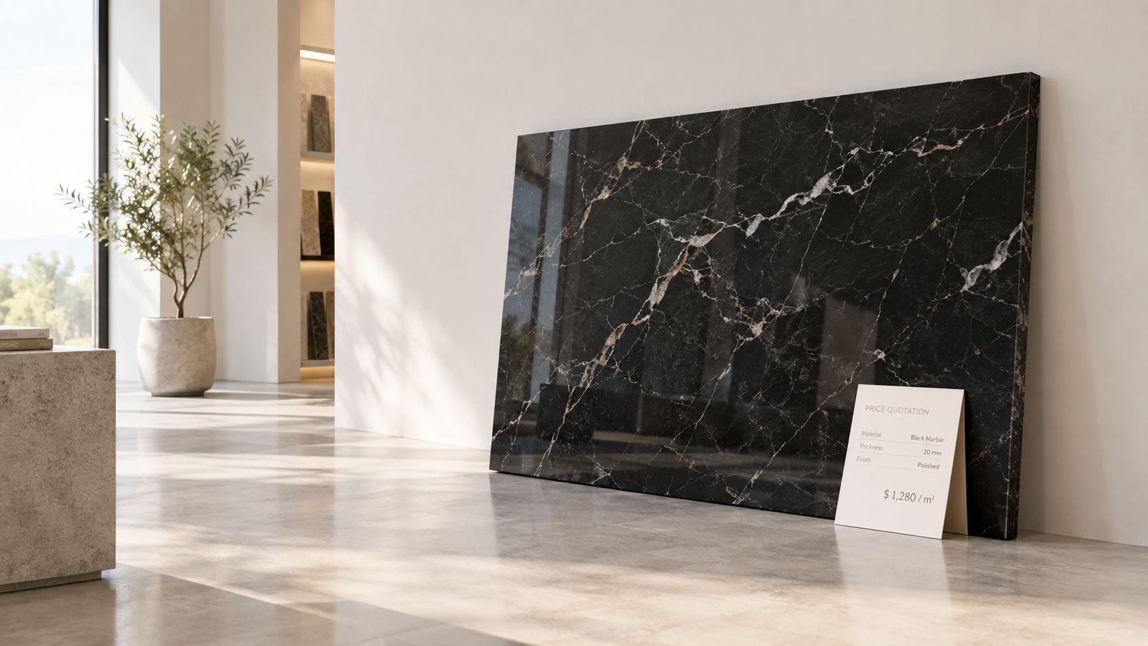 A large slab of black marble with gold and white veining leaning against a bright modern wall.
