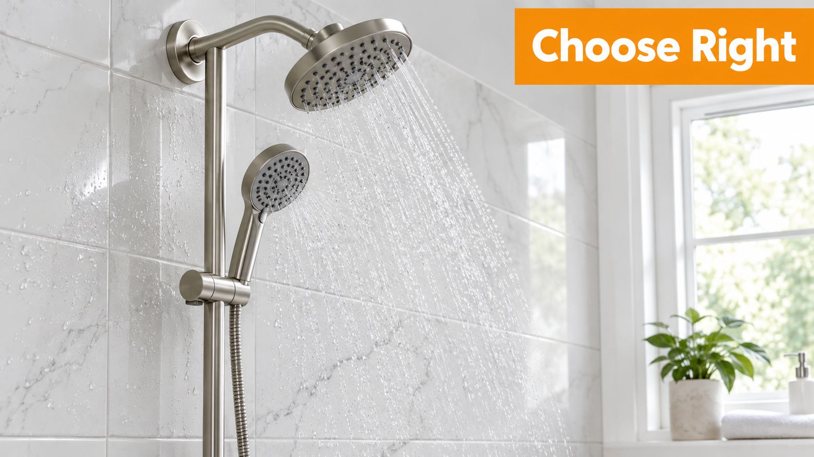 A modern brushed nickel dual shower head system with water spraying against a white marble tiled wall.