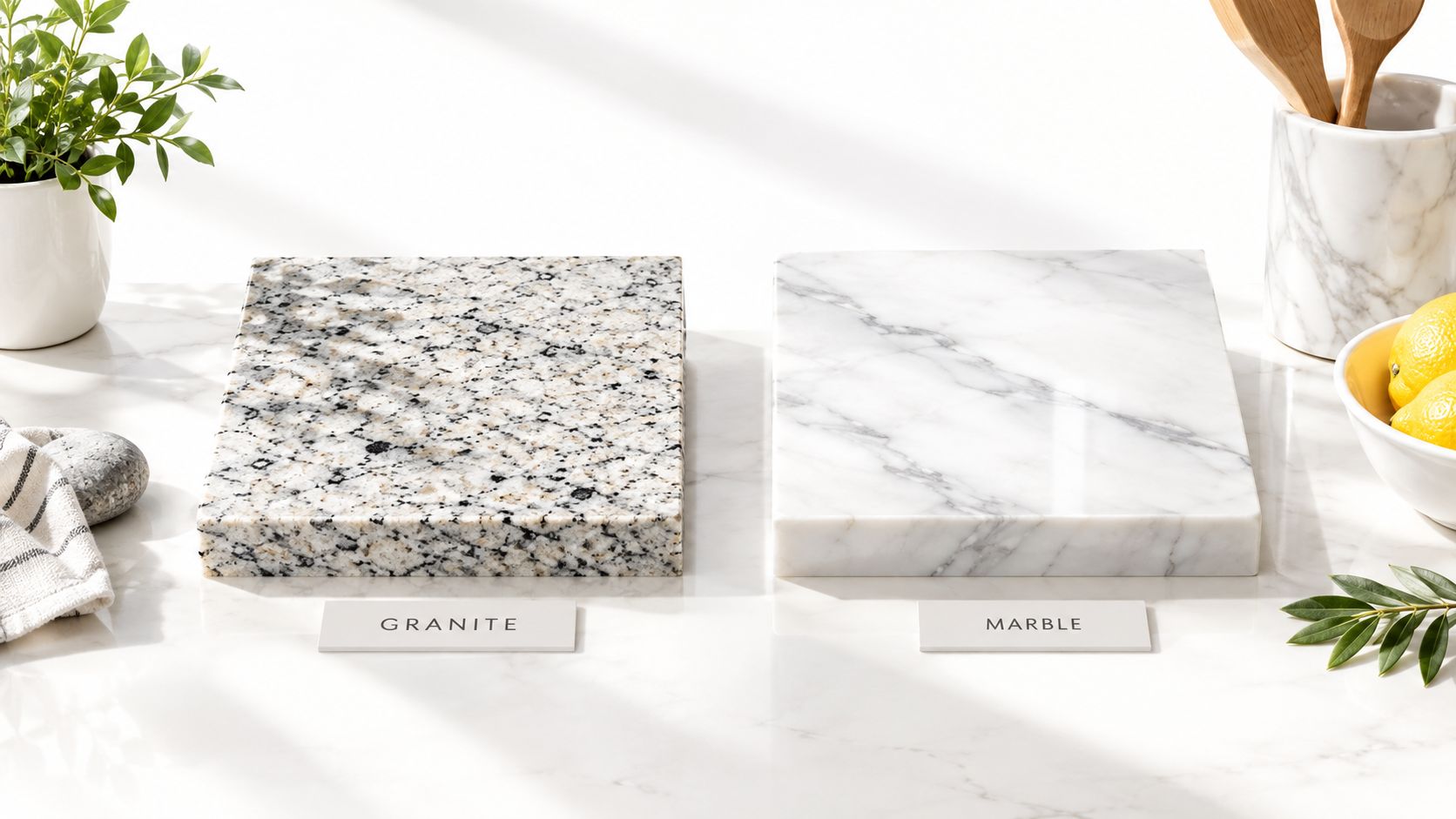 A side-by-side comparison of granite and marble stone samples on a white countertop with kitchen accessories.