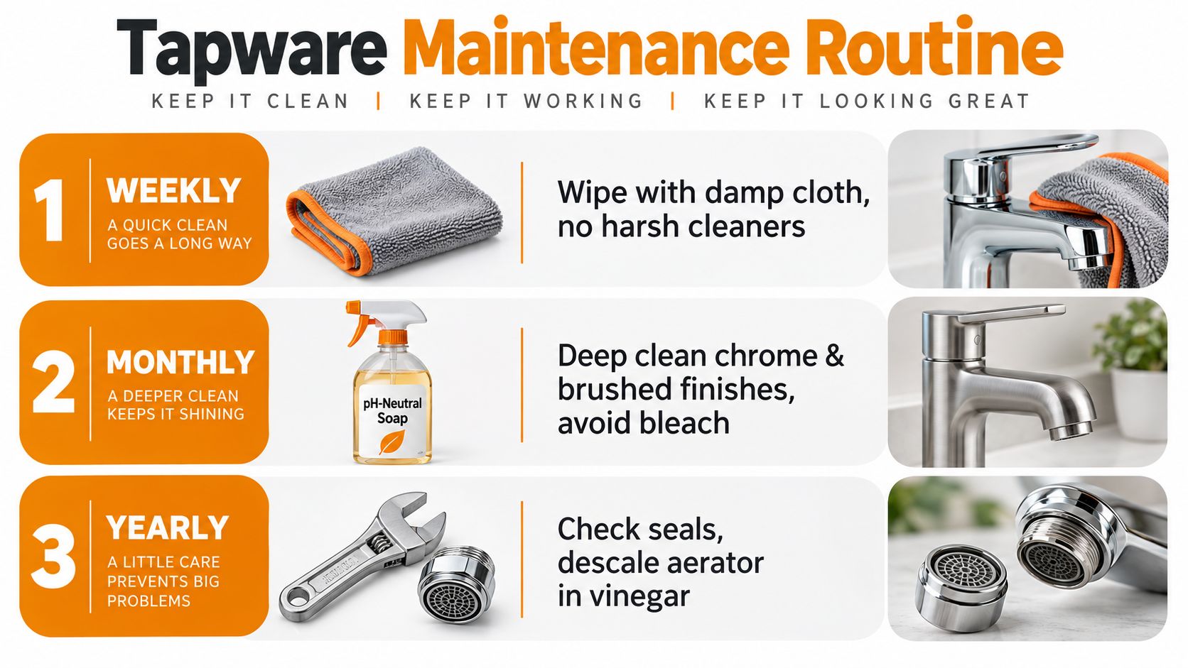 An infographic showing a weekly, monthly, and yearly tapware maintenance routine with icons and cleaning tips.