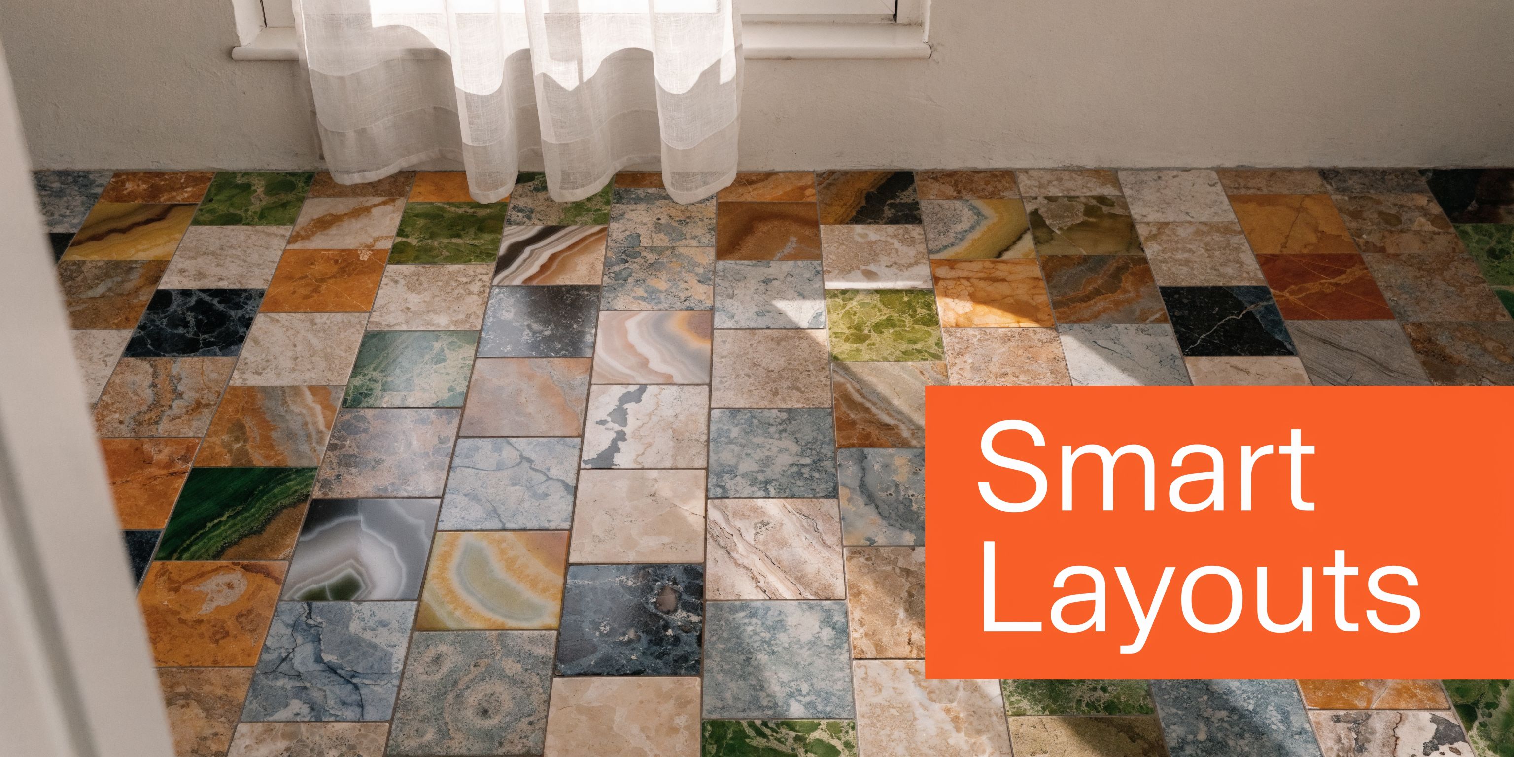 A floor covered with multicolored natural stone tiles arranged in a creative mosaic pattern near a window.