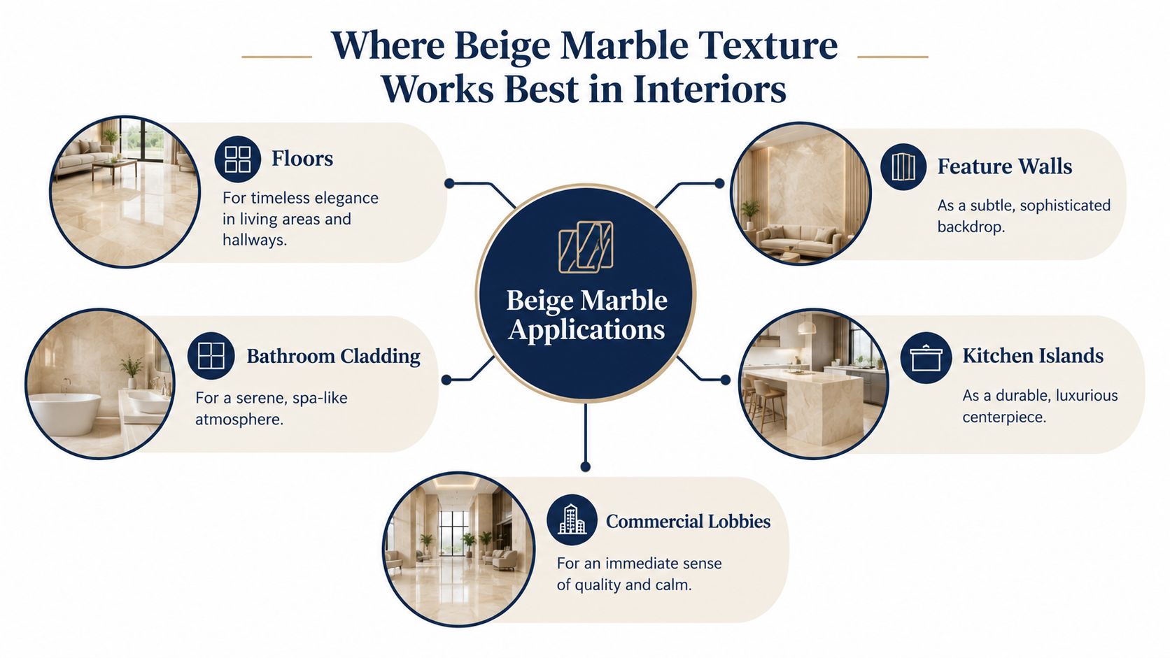 A diagram illustrating five different interior design applications for beige marble texture in residential and commercial spaces.