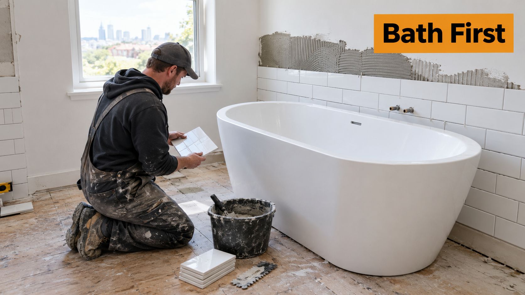 A professional tiler kneeling on a wooden floor, preparing to install wall tiles near a white bathtub.