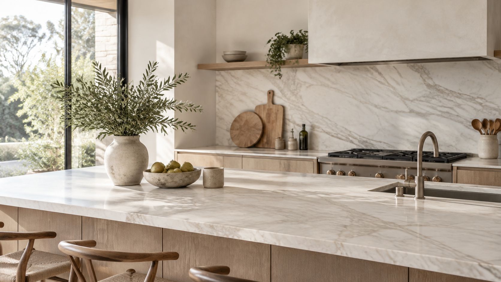 A modern, bright kitchen featuring a large marble countertop, wooden cabinetry, and stylish minimalist decorative accents.