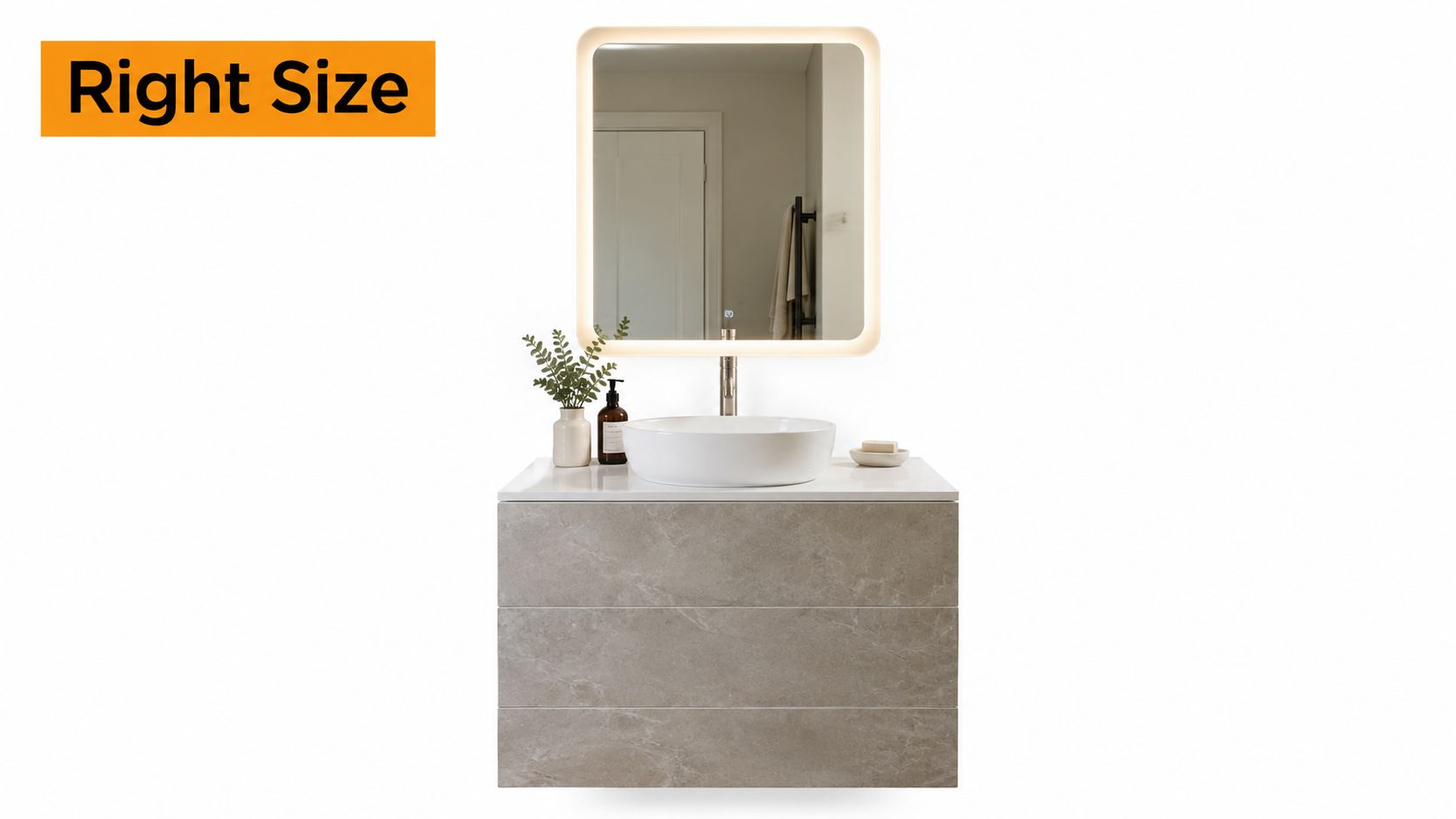 A modern marble-patterned vanity cabinet with a vessel sink and a square backlit LED bathroom mirror.