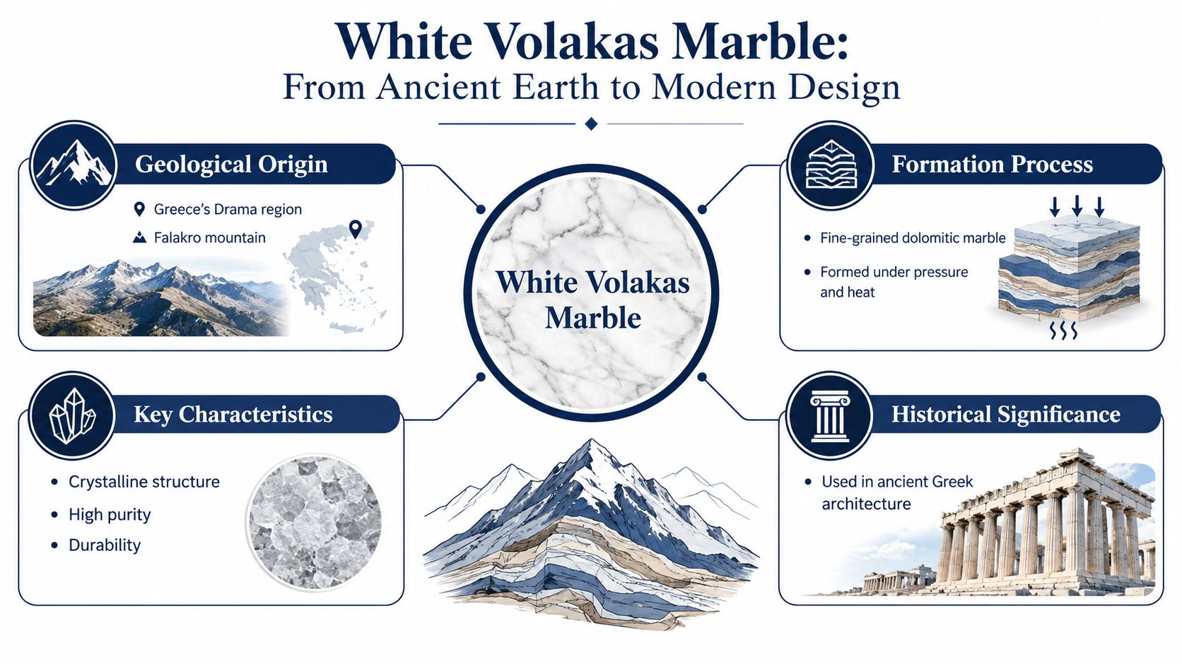 An infographic detailing the origin, formation, characteristics, and historical significance of White Volakas marble from Greece.