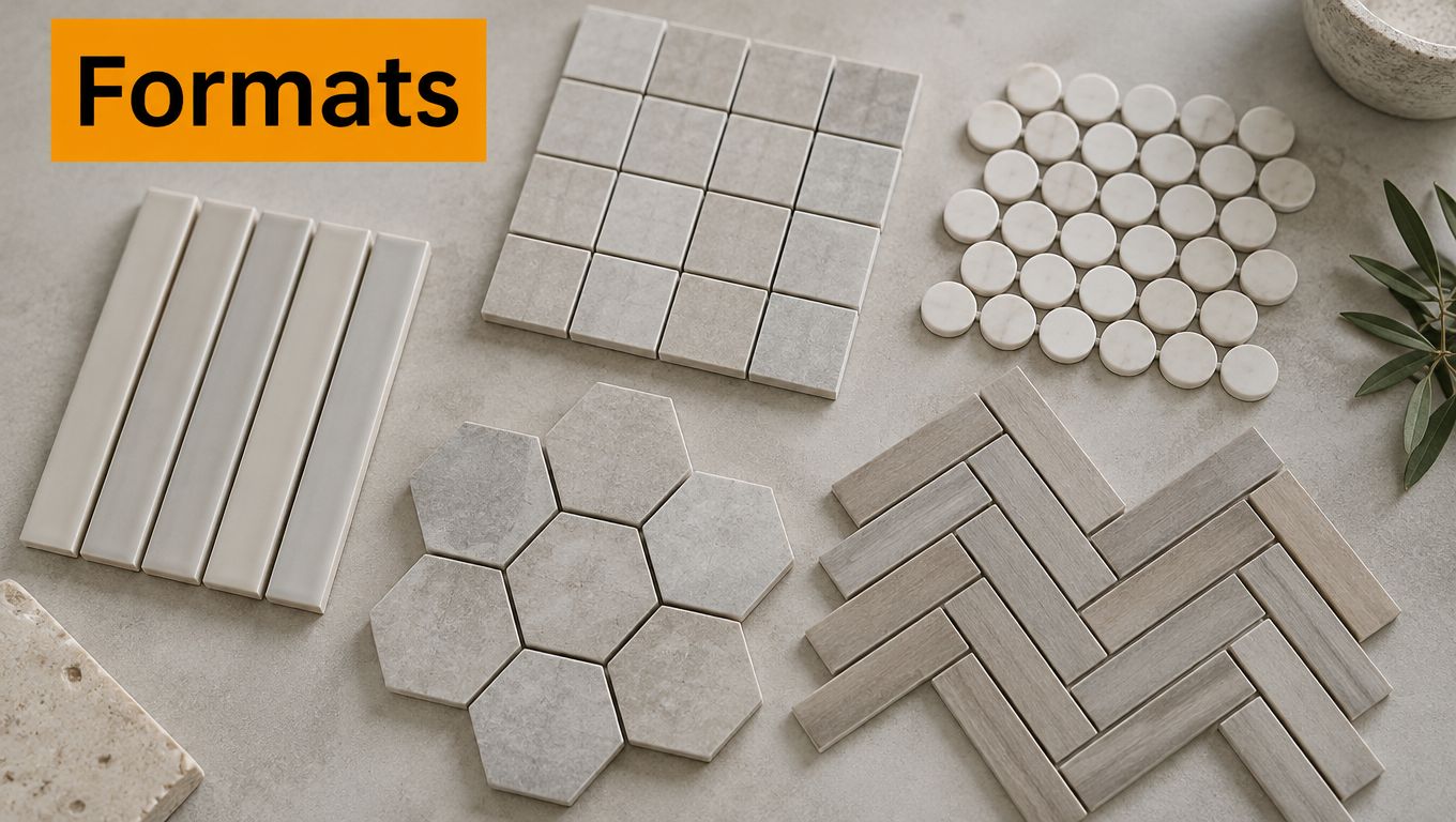 A top-down view showing various tile shapes including square, circular, hexagonal, linear, and herringbone mosaic patterns.