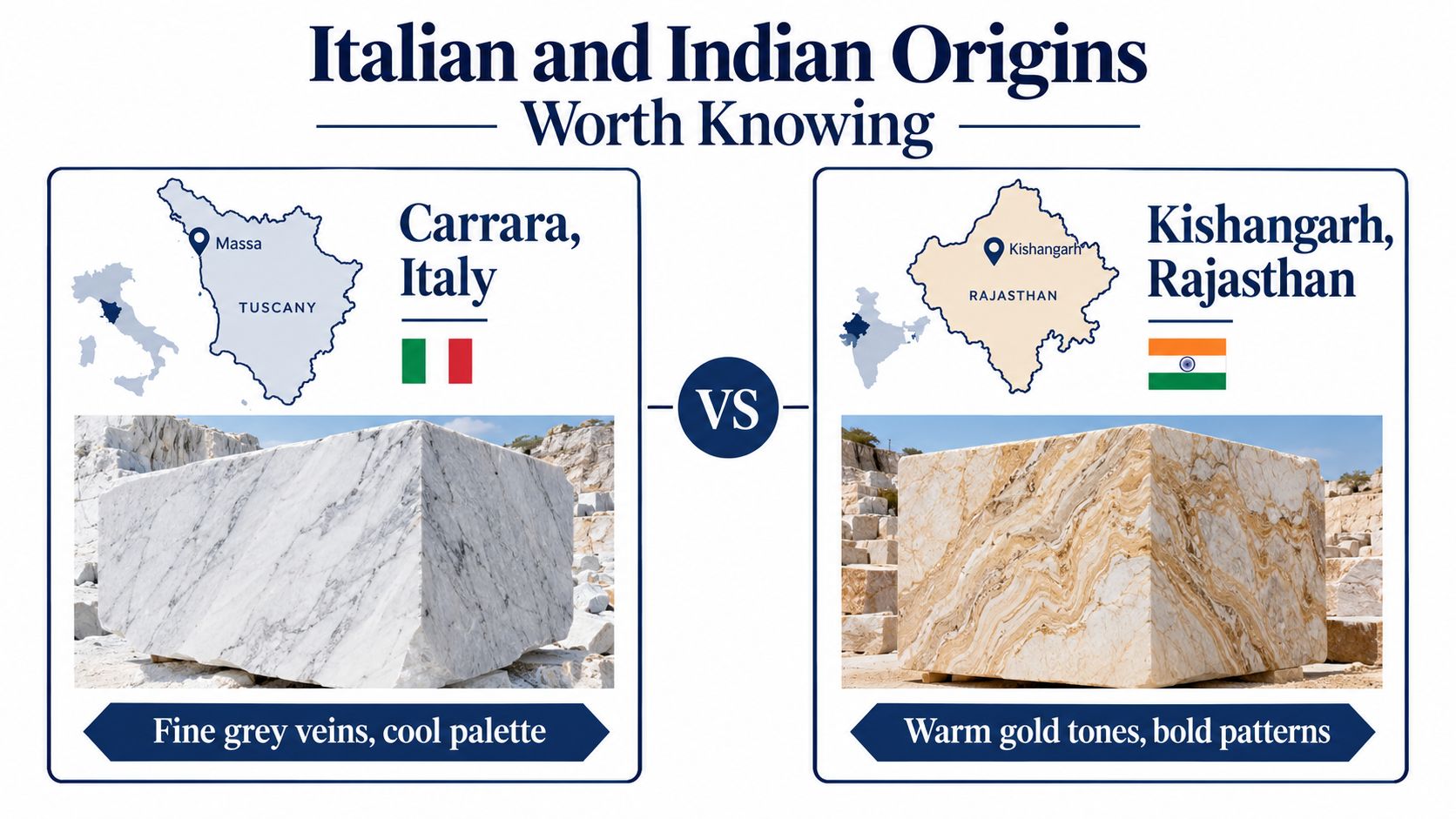 A comparison graphic showing Italian Carrara marble next to Indian Kishangarh marble with their distinct visual patterns.