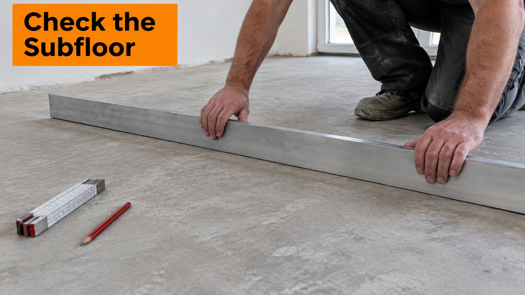 A professional construction worker uses a long metal level to check the flatness of a concrete subfloor.