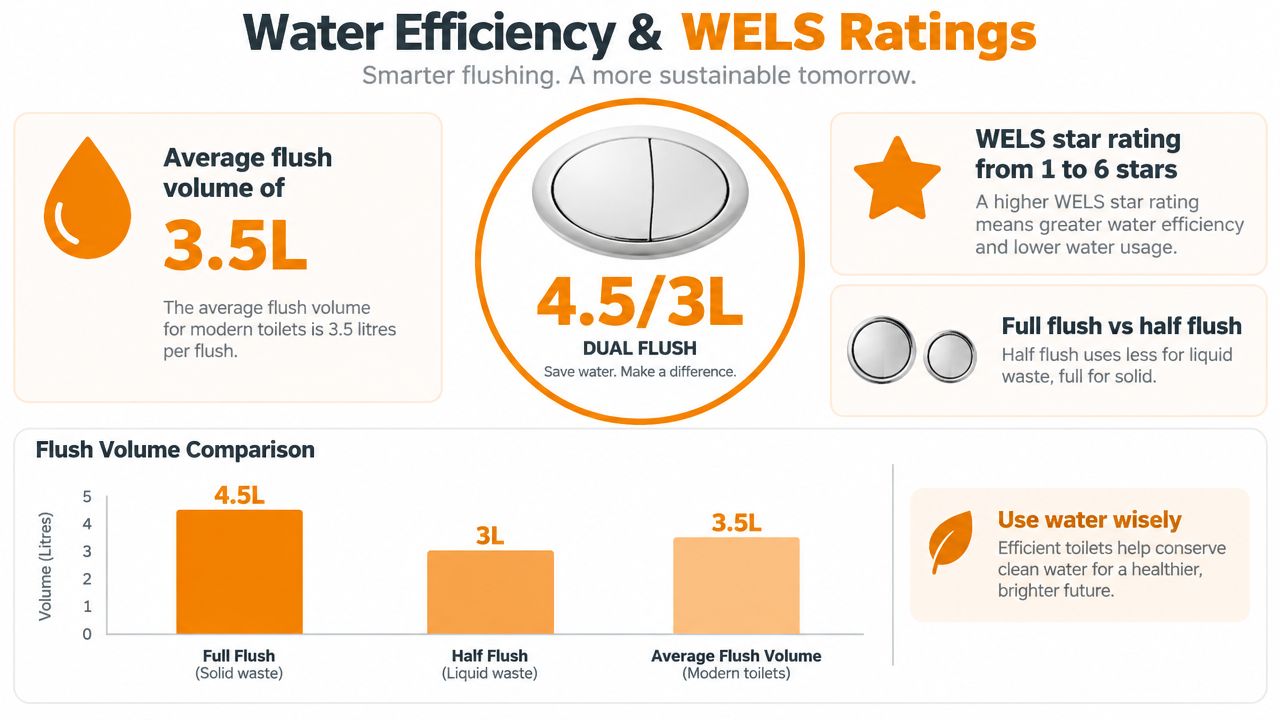 An infographic showing water efficiency and WELS ratings for dual flush toilet systems in modern bathrooms.