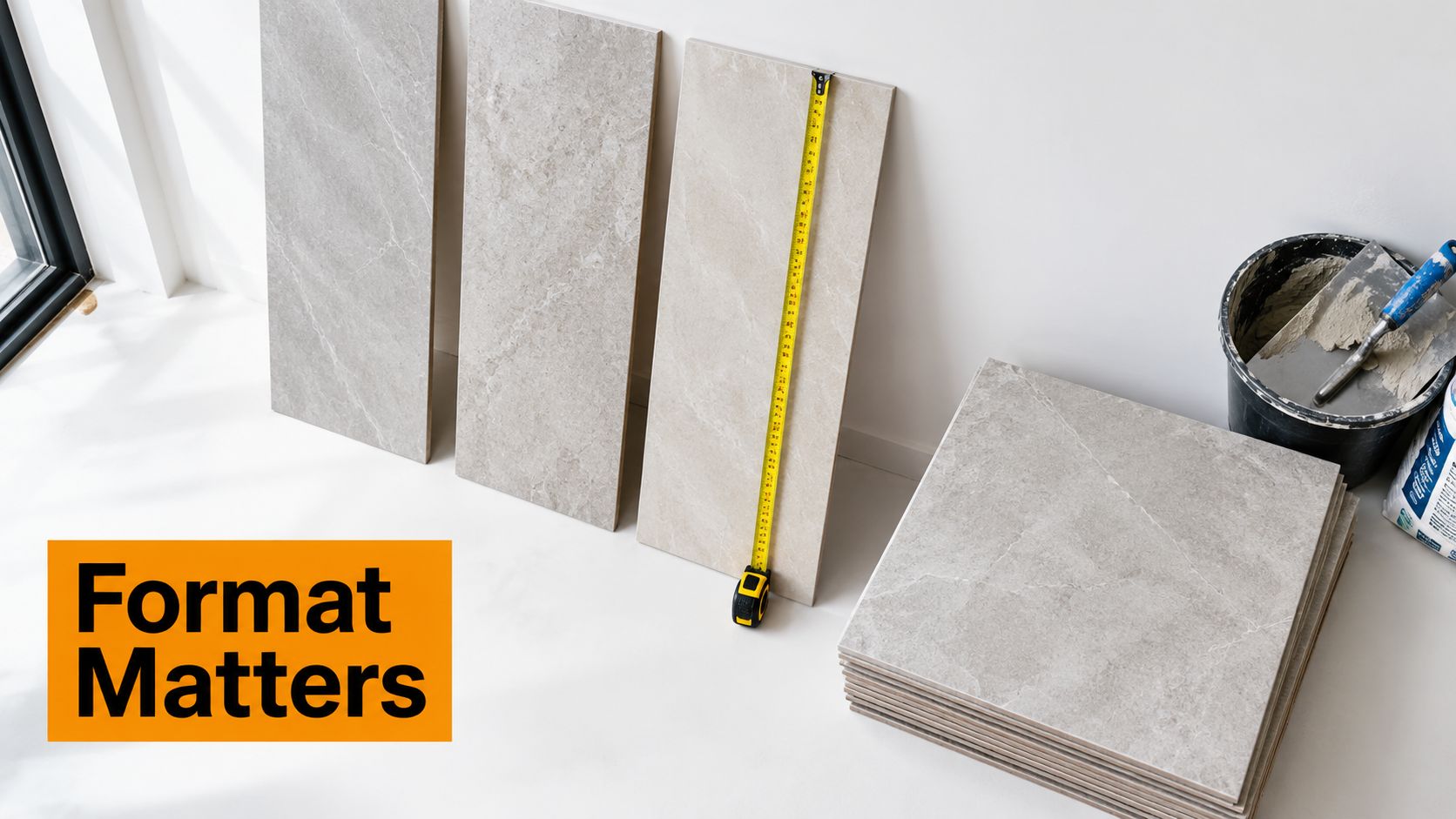 A stack of square tiles next to three rectangular tiles standing upright, being measured by a tape measure.