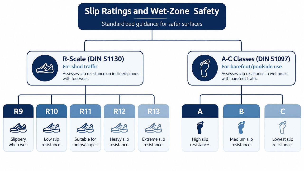 A chart explaining slip ratings for surfaces, including R-scale for footwear and A-C classes for barefoot traffic.