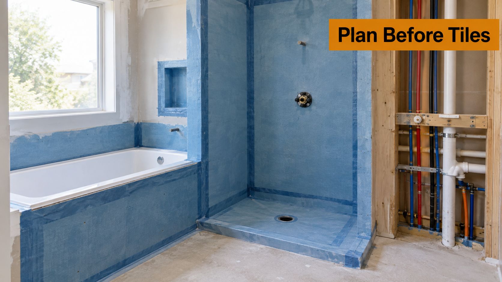 A bathroom renovation in progress featuring a waterproofed bathtub surround and tiled shower stall under construction.