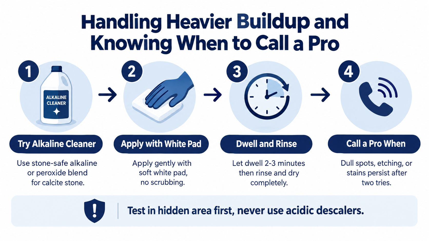 A four-step infographic showing how to safely remove heavy mineral buildup from calcite stone surfaces.