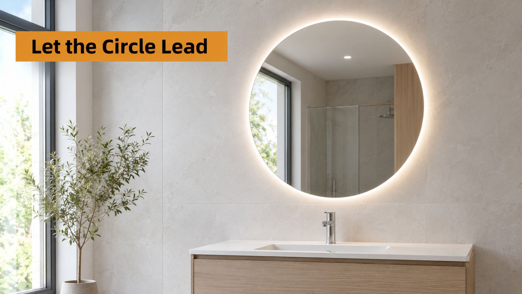 A modern minimalist bathroom featuring a sleek round LED mirror mounted above a wooden vanity unit.