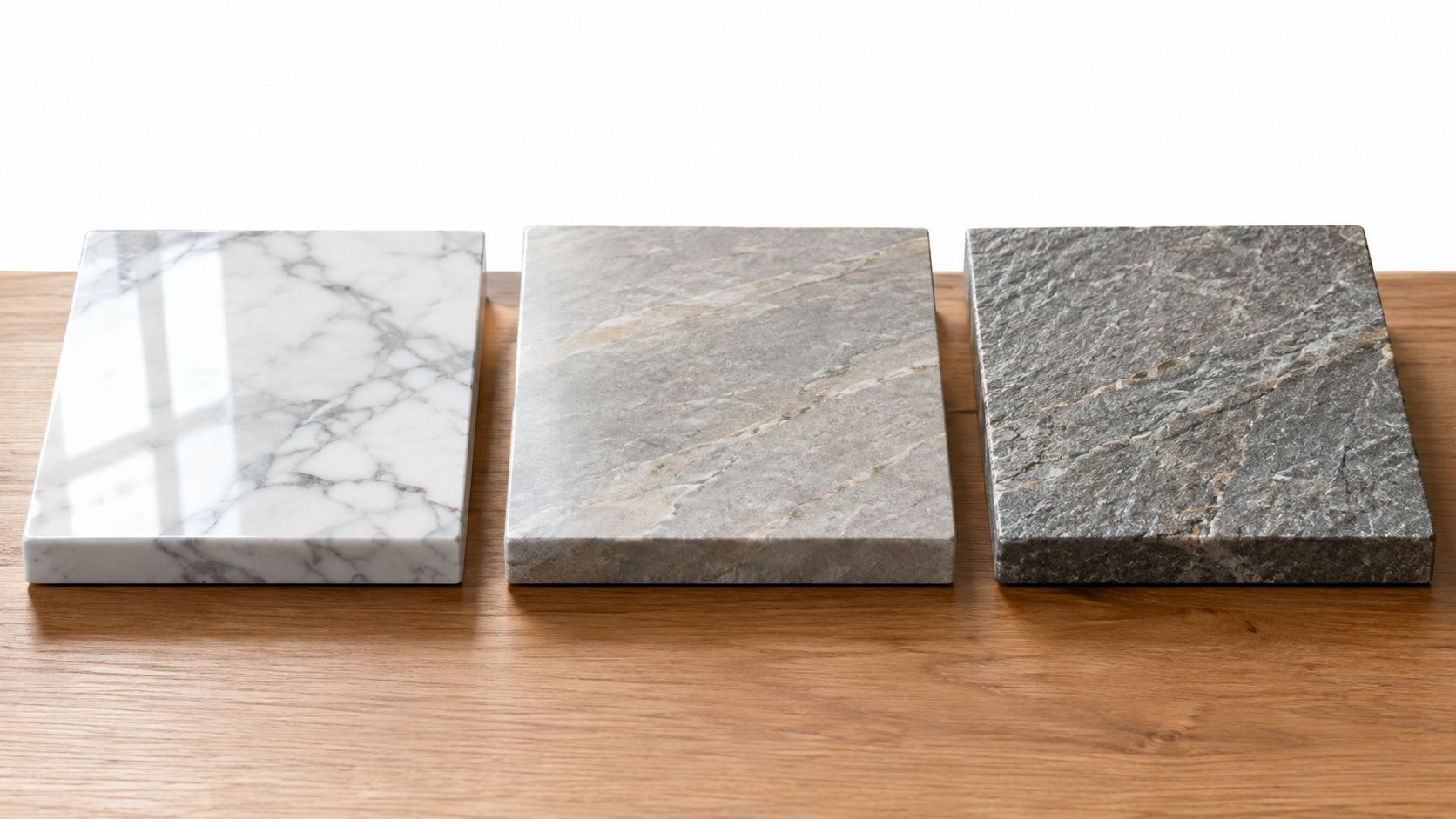 Three rectangular stone slab samples of marble and quartzite displayed on a polished wooden surface.