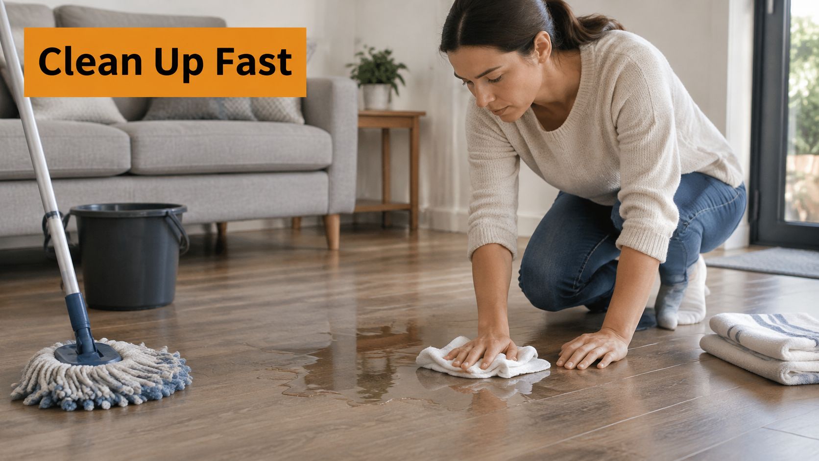A woman kneeling on a wood floor cleaning up a large water spill with a cloth towel.