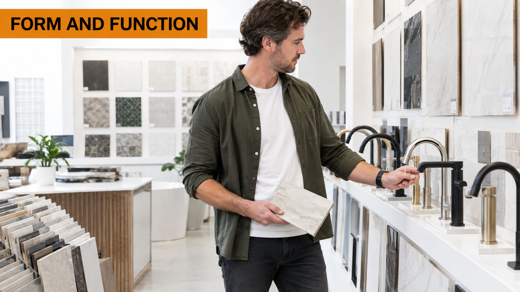 A man in a green shirt shopping for high-end kitchen and bathroom tapware in a showroom.