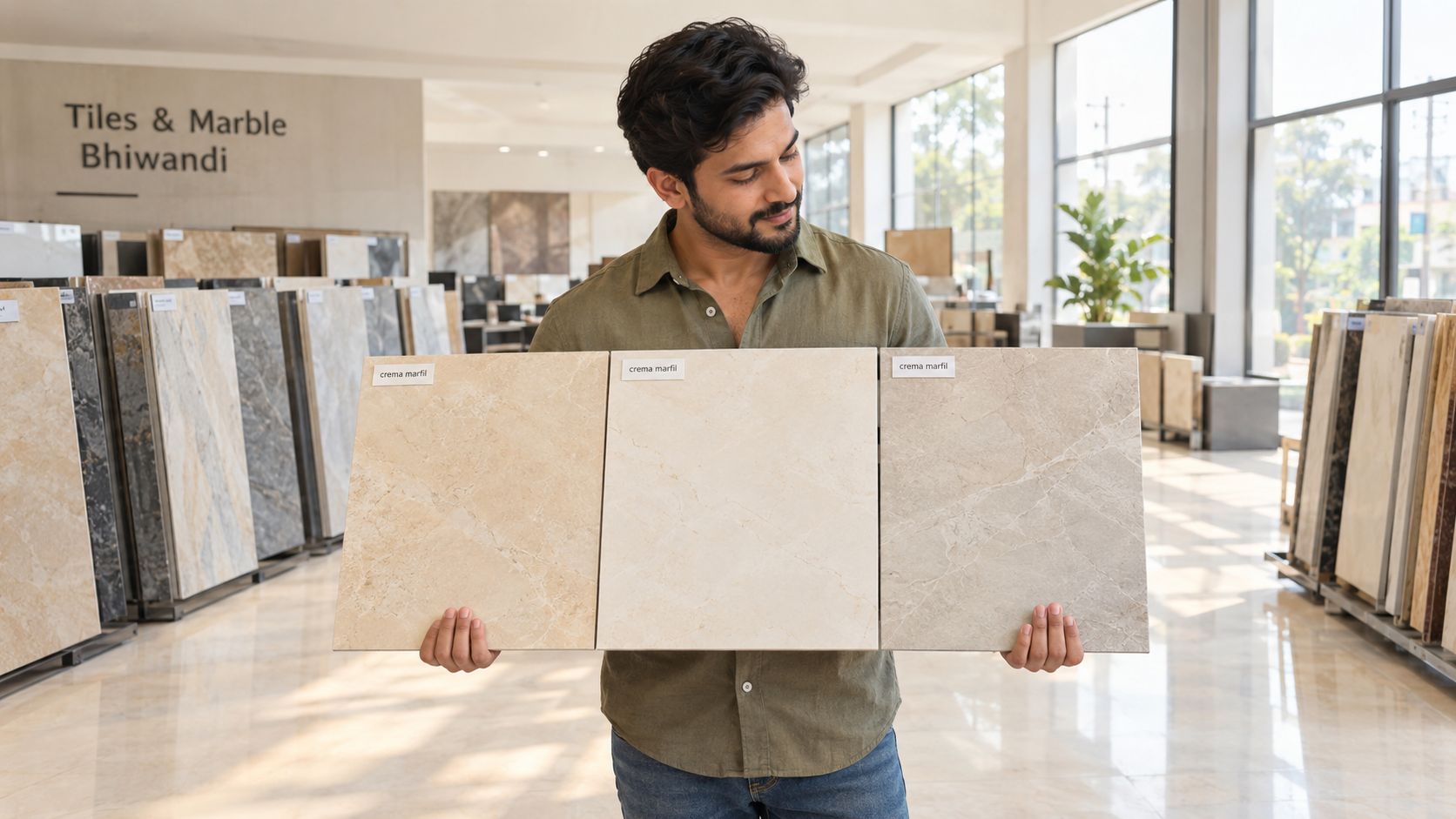 A man in a tile showroom holding three different samples of Crema Marfil marble tiles for comparison.