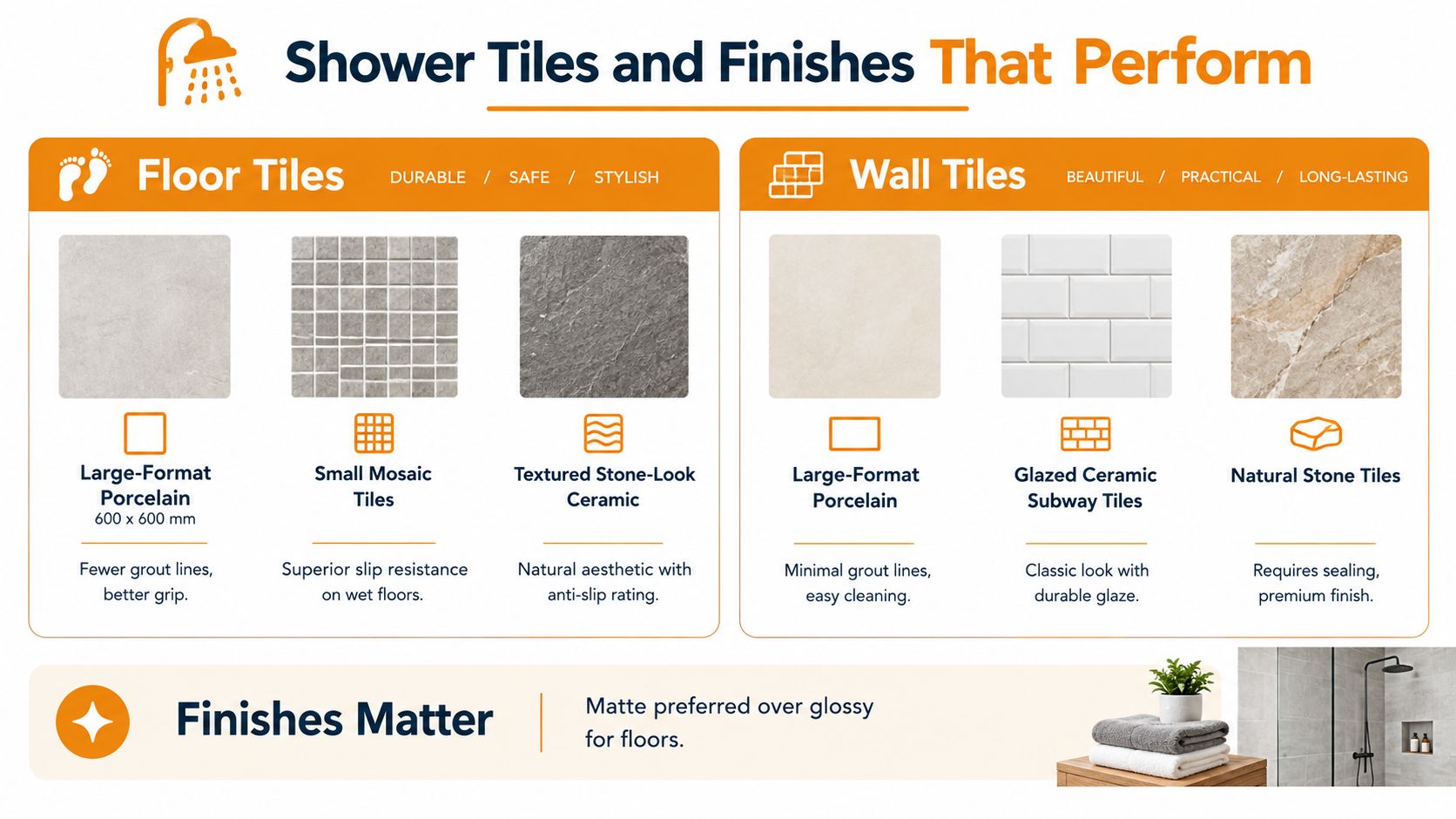 An infographic showing different types of shower floor and wall tiles and their benefits for bathrooms.