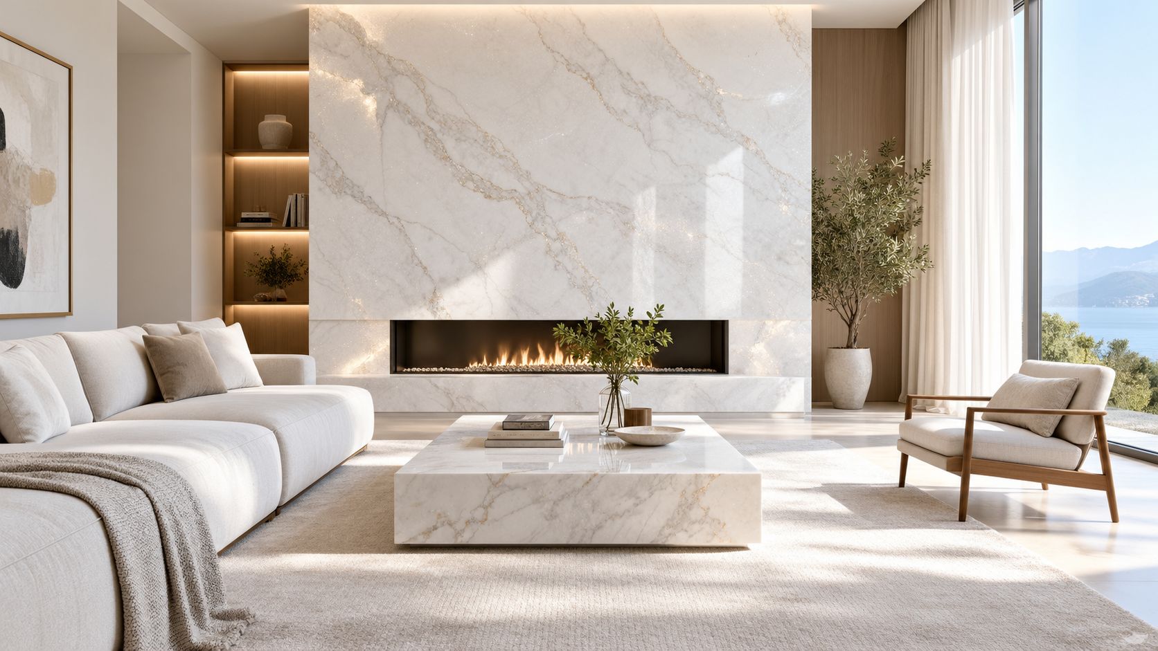 A luxurious modern living room featuring a grand white sparkle marble fireplace and a minimalist coffee table.