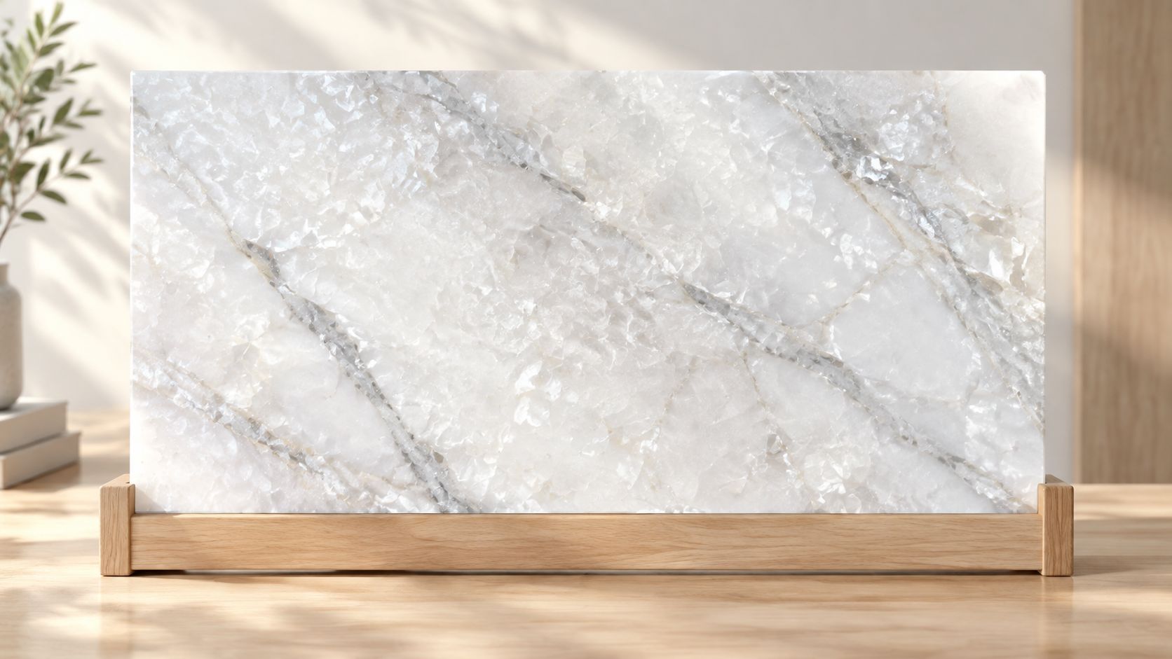 A rectangular piece of white sparkle marble with grey veining standing upright in a light wood base.