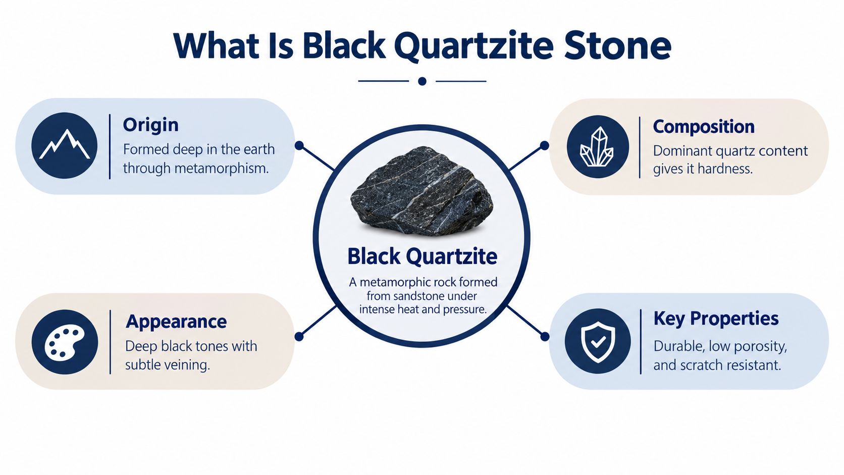 An infographic titled What Is Black Quartzite Stone describing its origin, composition, appearance, and key properties.