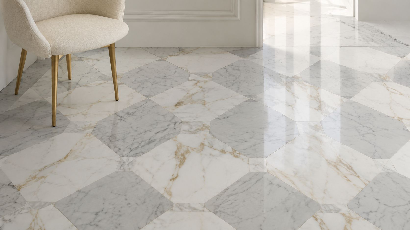 A modern room interior featuring white and grey marble mosaic floor tiles with a chair standing nearby.
