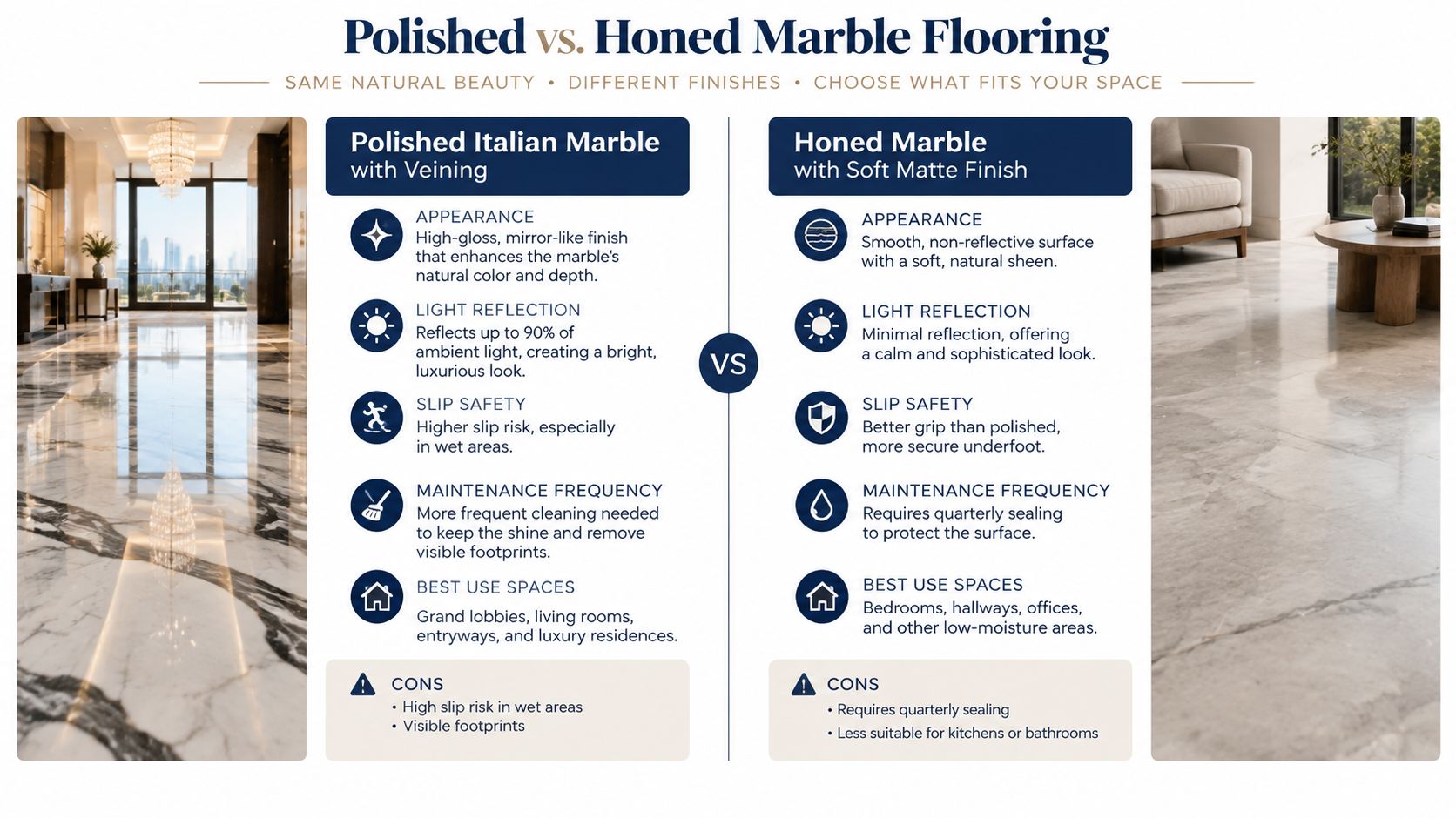 A comparison infographic between polished and honed marble flooring showing their features, pros, cons, and best uses.