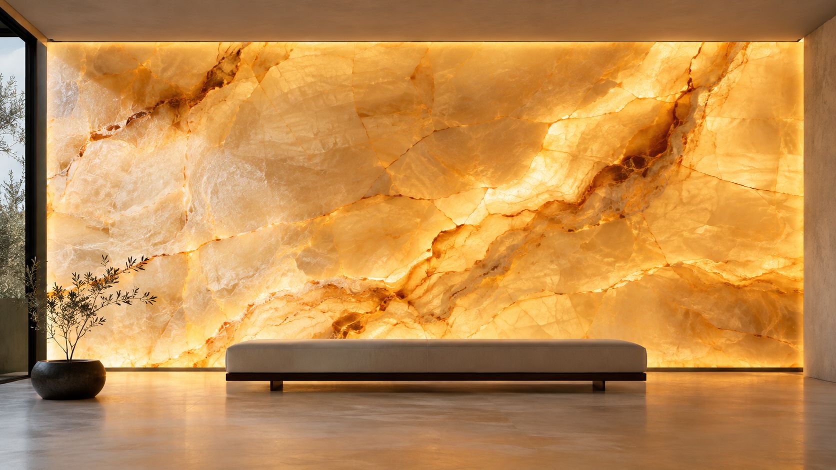 A modern interior featuring a backlit golden onyx marble wall behind a minimalist beige bench and plant.