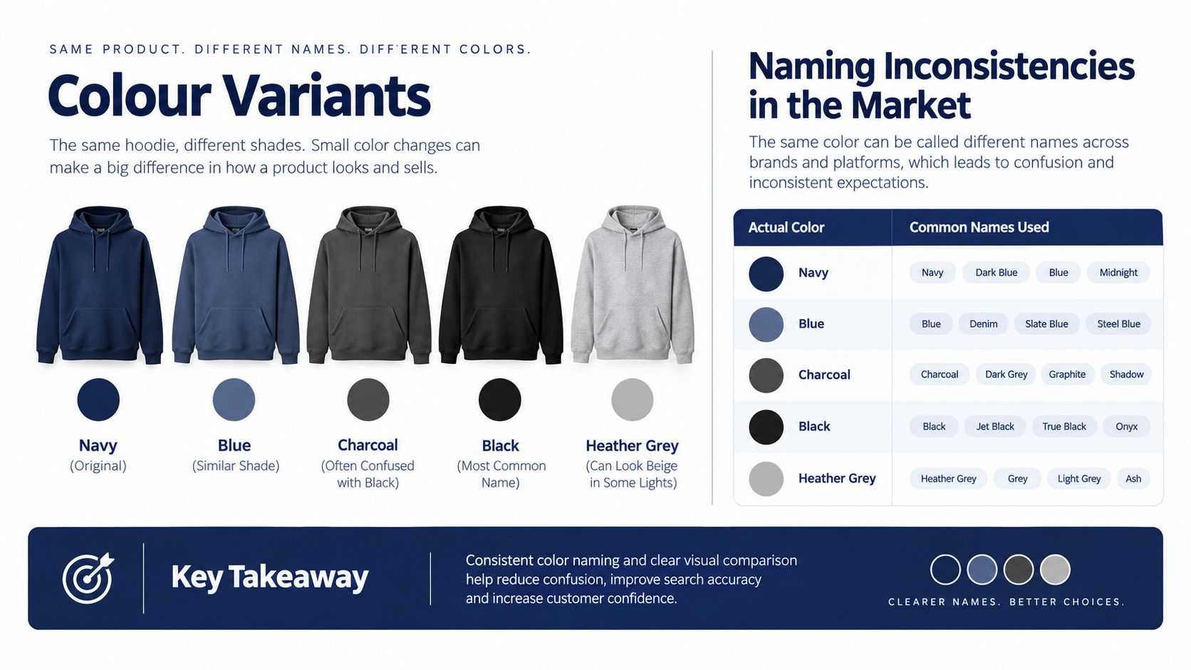 An infographic illustrating how different color names for the same hoodie can cause market confusion and inconsistency.