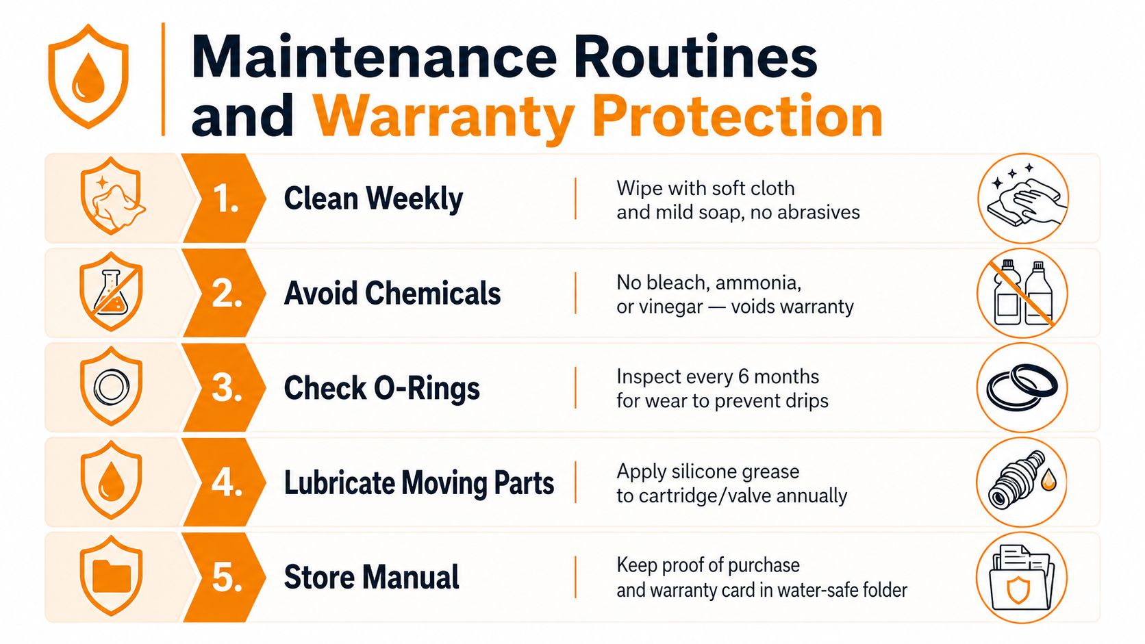 An infographic detailing five essential maintenance steps and warranty protection tips for bathroom tapware sets.