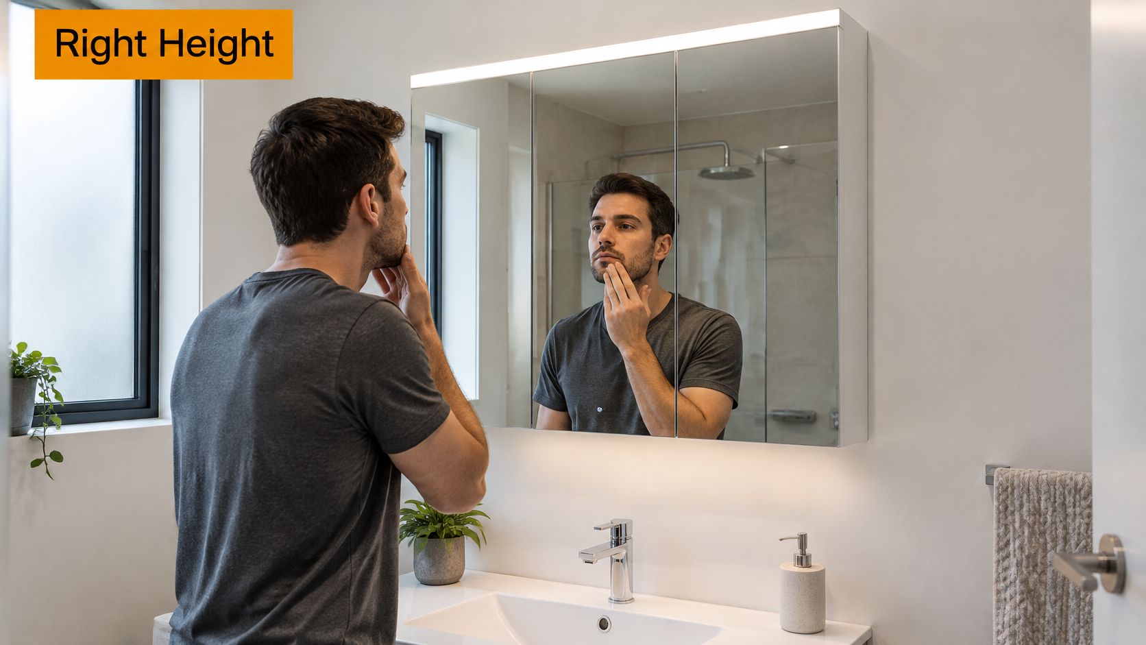 A man examines his face in a modern LED shaving cabinet mirror in a bright bathroom setting.