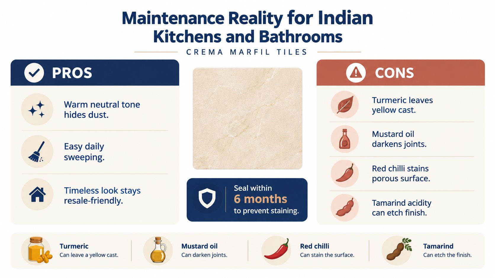 An infographic detailing the pros and cons of using Crema Marfil tiles in Indian kitchens and bathrooms.