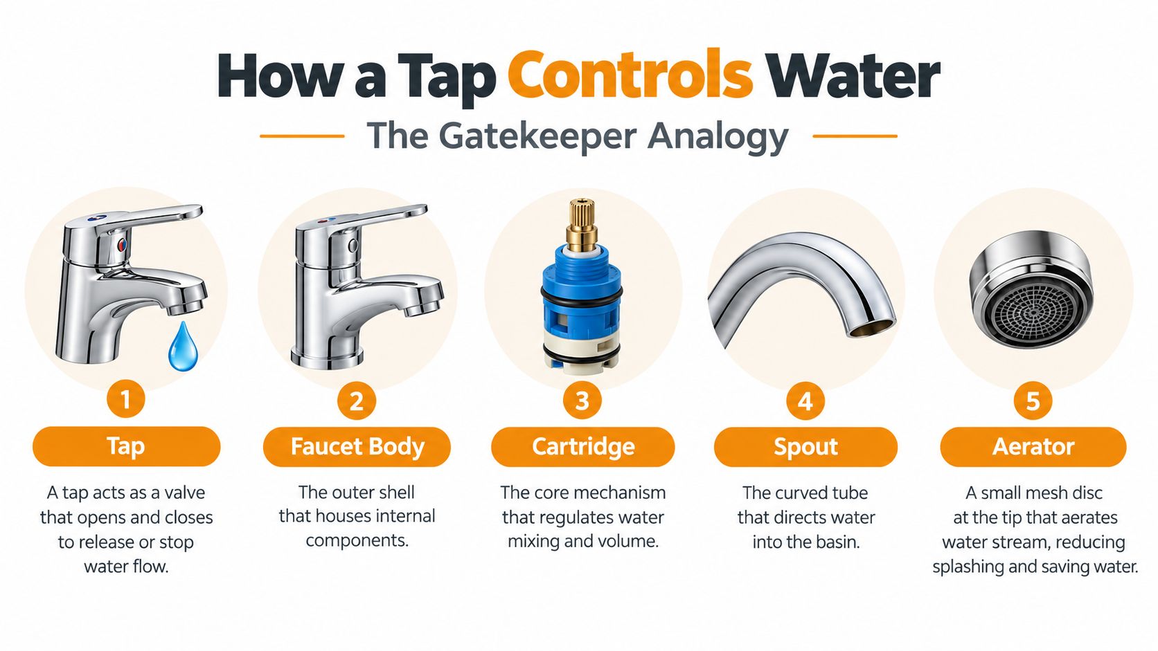 A diagram illustrating the components of a bathroom tap, including the body, cartridge, spout, and aerator.