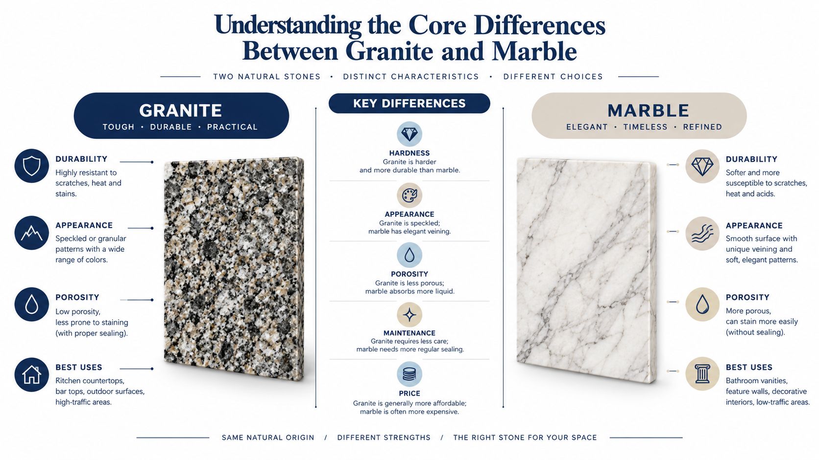 A comparison infographic detailing the key differences between granite and marble natural stones for home use.