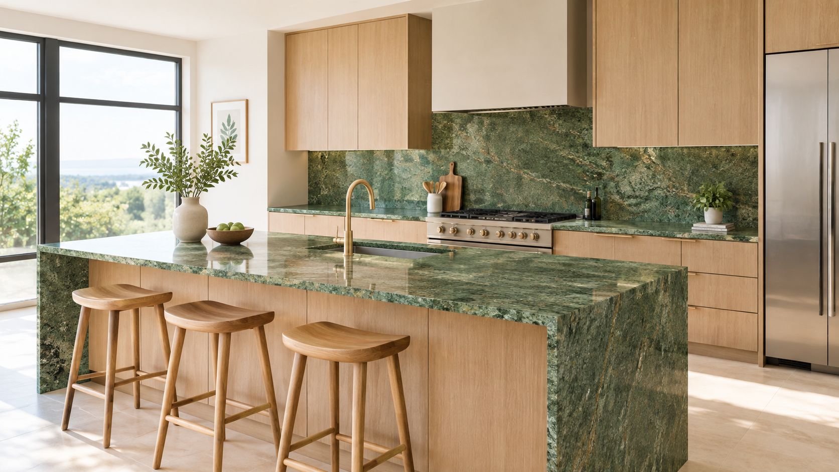 A modern kitchen featuring desert green granite countertops, wooden cabinets, a large island, and bar stools.