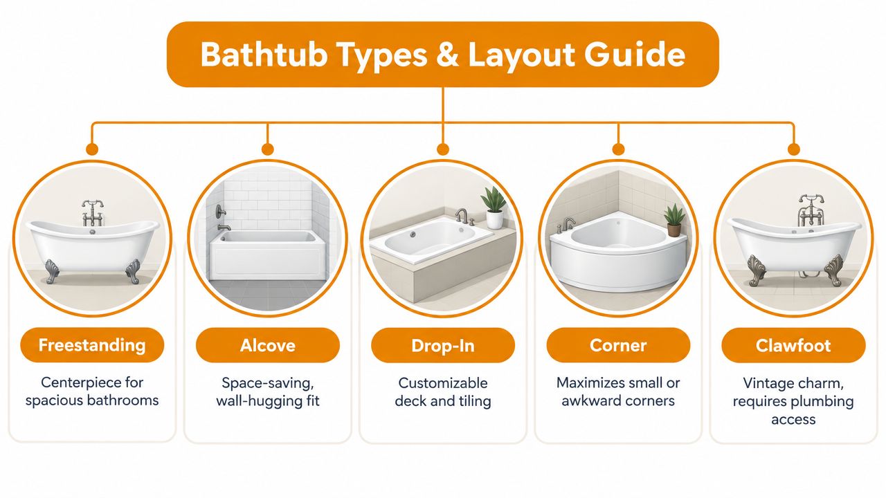 A diagram illustrating five different styles of bathtubs including freestanding, alcove, drop-in, corner, and clawfoot models.