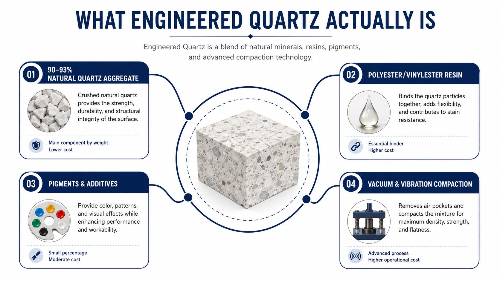 An infographic showing the four key components and manufacturing process of engineered quartz countertop slabs.