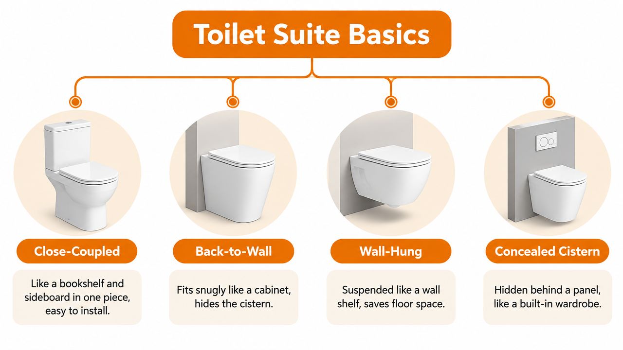 An infographic showing four common types of toilet suites with descriptions and illustrations for each design.