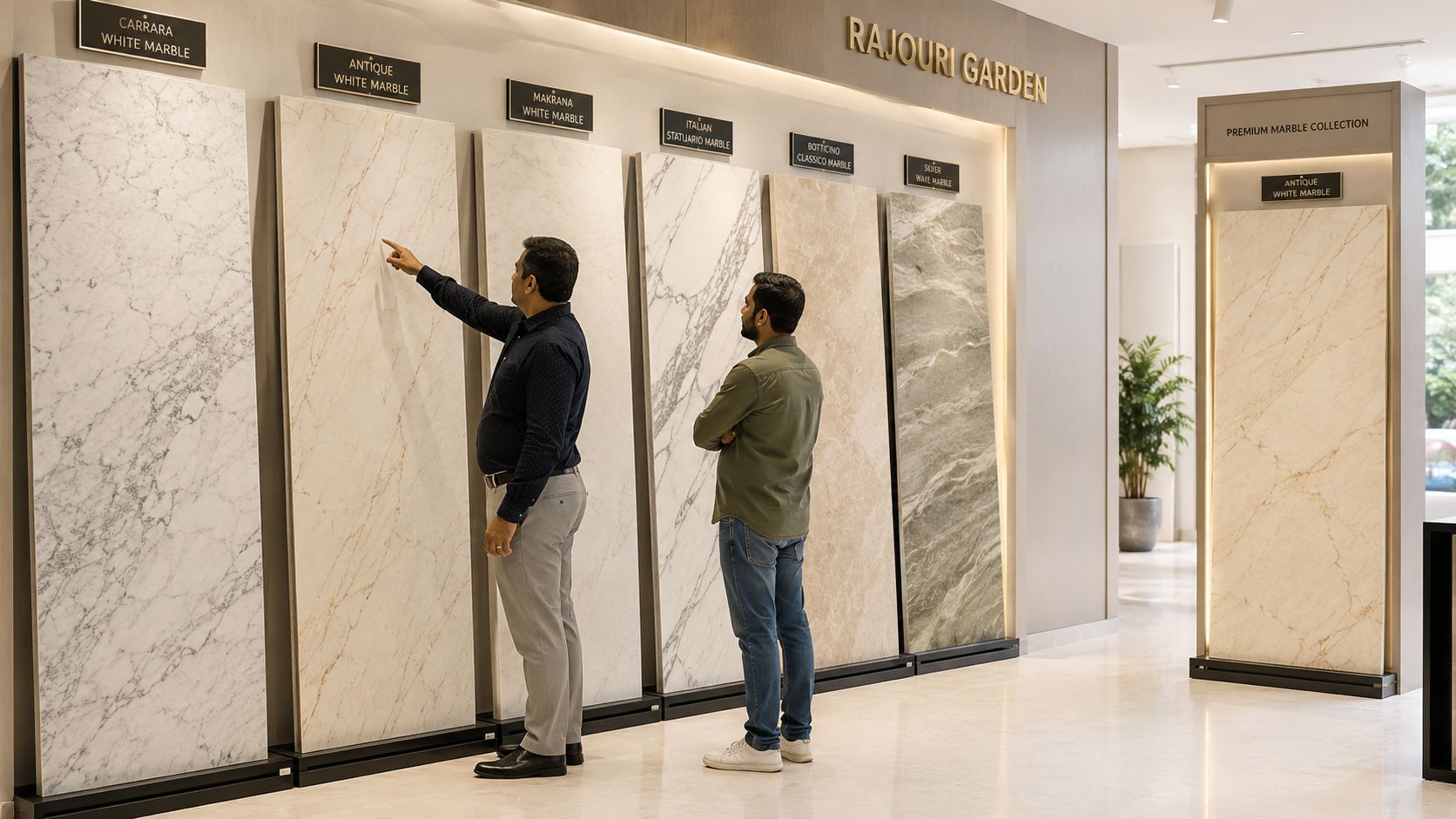 Two men standing in a modern showroom inspecting a large selection of elegant antique white marble slabs.