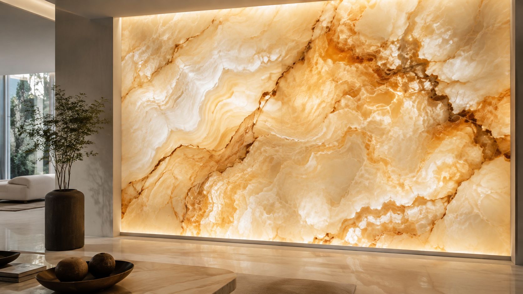 A backlit golden onyx marble feature wall in a luxurious, modern living room with a decorative plant.