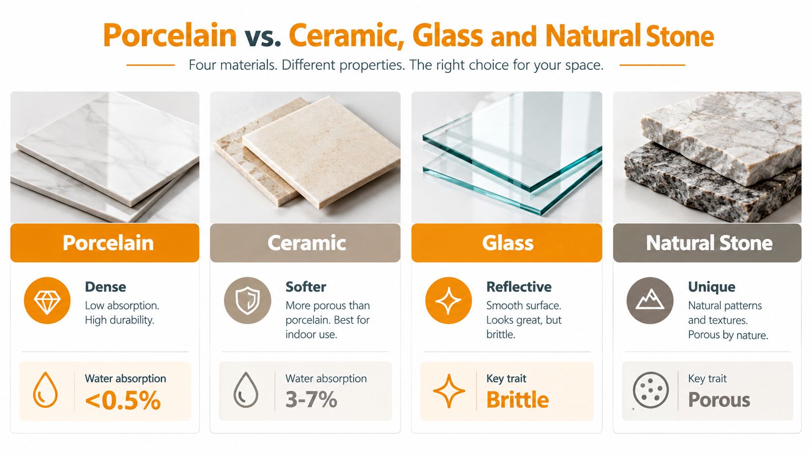 A comparison chart showing the differences between porcelain, ceramic, glass, and natural stone tile materials.